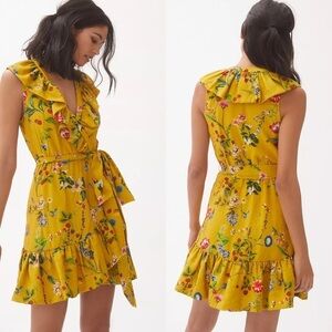 NWT Anthropologie Maeve Small Yellow Floral-Wrap Mini Dress Strawberries $148